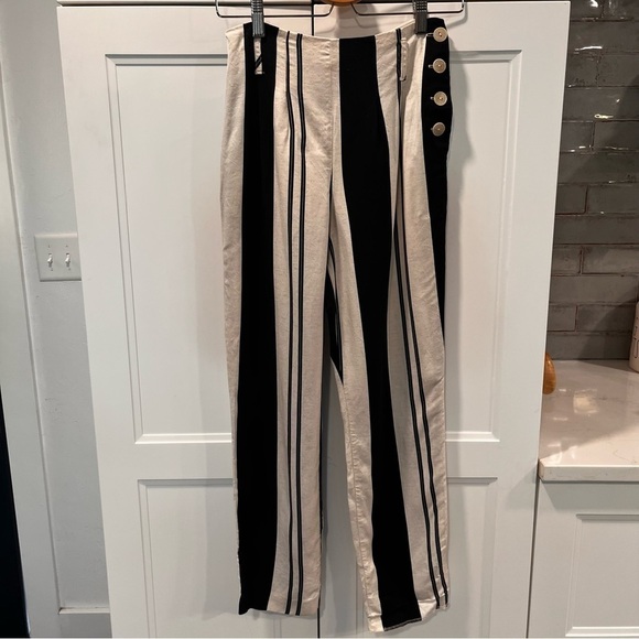 Women’s Topshop Linen Black & Cream Striped Side Button Trousers Sz 2 - Picture 1 of 8